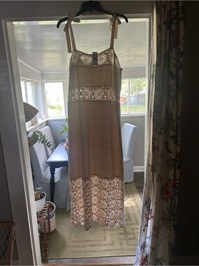 LOFT Cream Crochet Maxi Dress with Tie Shoulders